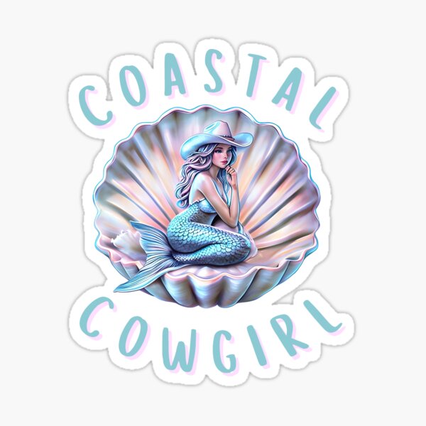 Coastal Cowgirl Mermaid in Shell – Retro Western Beach Aesthetic Design Sticker