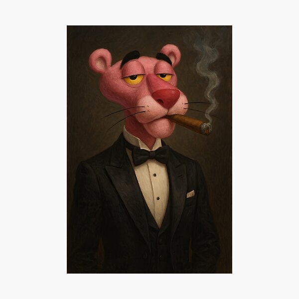 Item preview, Pink Panther Smoking Cigar – Classy Cartoon Oil Painting Parody designed and sold by okimonostudio.