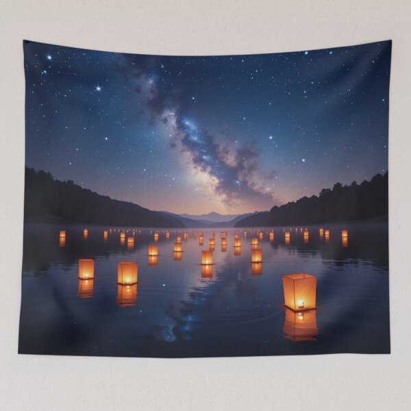 Item preview, serene lake is illuminated by numerous glowing lanterns designed and sold by InezPhotography.