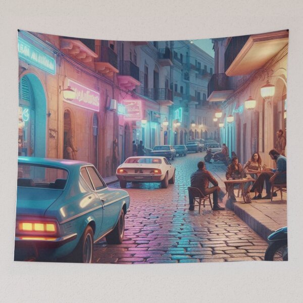 Item preview, Classic 1970s Tripoli – AI Artwork Colorful Streetside Café Scene for City Lovers, Travelers, and Vintage Fans designed and sold by knalpot-design.