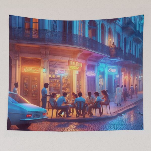Item preview, Classic 1970s Maputo – AI Artwork Colorful Streetside Café Scene for City Lovers, Travelers, and Vintage Enthusiasts designed and sold by knalpot-design.