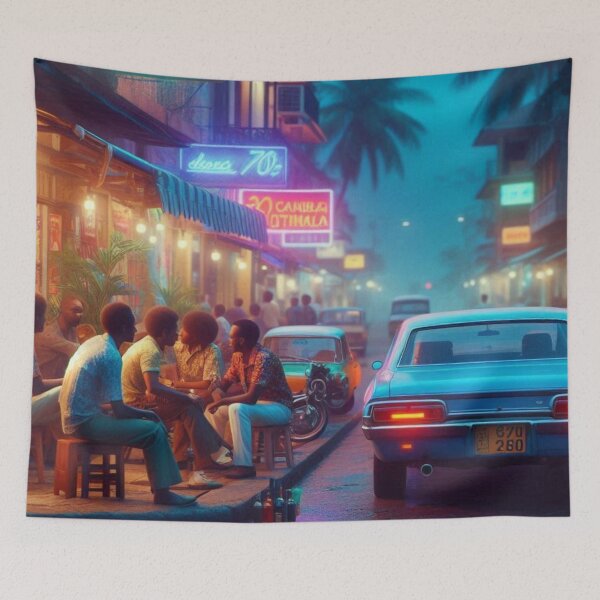 Item preview, Classic 1970s Dar es Salaam – AI Artwork Colorful Roadside Café Scene for City Lovers, Travelers, and Vintage Enthusiasts designed and sold by knalpot-design.