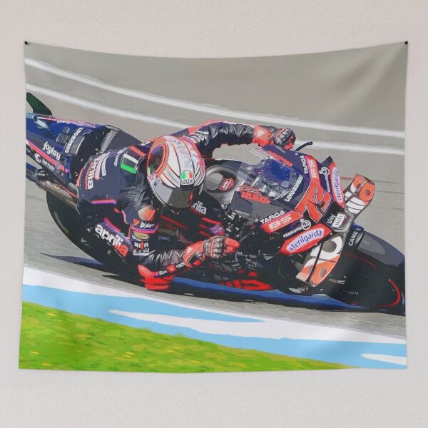 Item preview, Marco Bezzecchi racing his 2025 MotoGP Motorcycle at Jerez de la Frontera watercolor designed and sold by Rodissimus1984.