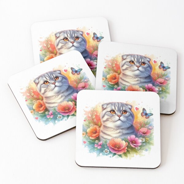 Item preview, A beautiful Scottish Fold cat with a colorful background surrounded by flowers and leaves. designed and sold by Marcoshop10.