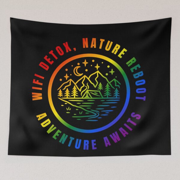 Item preview, Wifi Detox, Nature Reboot, Adventure Awaits, Classic pride flag graphic, rainbow mountains, river, nature park, stars and crescent moon graphic, mental health matters, outdoors, nature,  designed and sold by PrideBeProud.