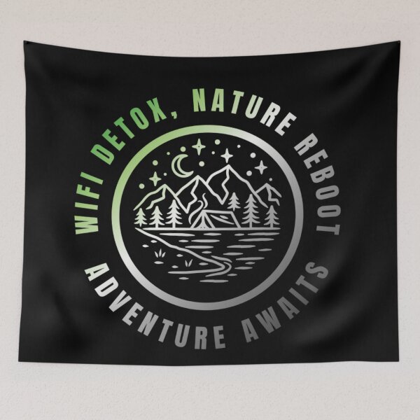 Item preview, Wifi Detox, Nature Reboot, Adventure Awaits, Aromantic pride flag graphic, rainbow mountains, river, nature park, stars and crescent moon graphic, mental health matters, outdoors, nature,  designed and sold by PrideBeProud.