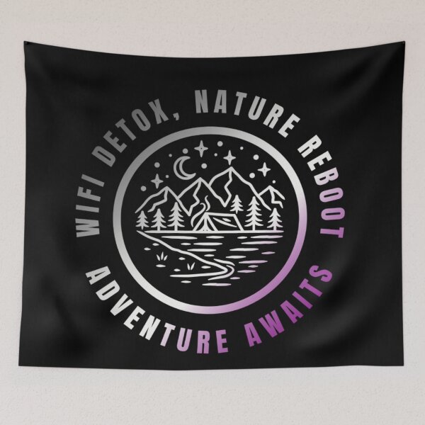 Item preview, Wifi Detox, Nature Reboot, Adventure Awaits, Asexual pride flag graphic, rainbow mountains, river, nature park, stars and crescent moon graphic, mental health matters, outdoors, nature,  designed and sold by PrideBeProud.