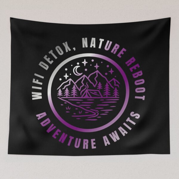 Item preview, Wifi Detox, Nature Reboot, Adventure Awaits, Demisexual pride flag graphic, rainbow mountains, river, nature park, stars and crescent moon graphic, mental health matters, outdoors, nature,  designed and sold by PrideBeProud.
