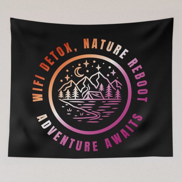 Item preview, Wifi Detox, Nature Reboot, Adventure Awaits, Lesbian pride flag graphic, rainbow mountains, river, nature park, stars and crescent moon graphic, mental health matters, outdoors, nature,  designed and sold by PrideBeProud.