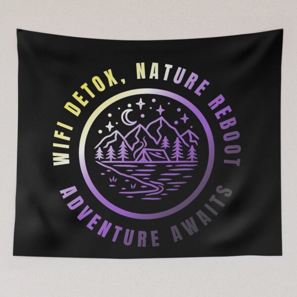 Item preview, Wifi Detox, Nature Reboot, Adventure Awaits, Nonbinary pride flag graphic, rainbow mountains, river, nature park, stars and crescent moon graphic, mental health matters, outdoors, nature,  designed and sold by PrideBeProud.