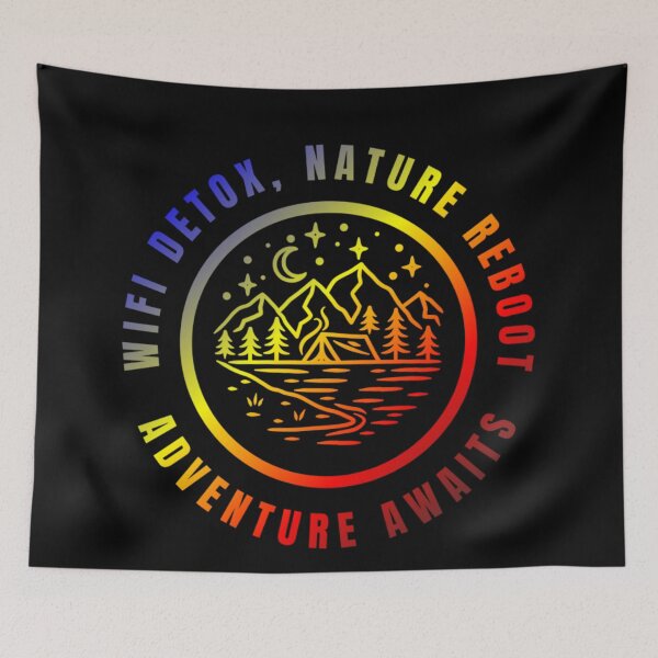 Item preview, Wifi Detox, Nature Reboot, Adventure Awaits, Polyamory pride flag graphic, rainbow mountains, river, nature park, stars and crescent moon graphic, mental health matters, outdoors, nature,  designed and sold by PrideBeProud.