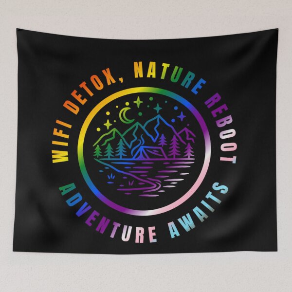 Item preview, Wifi Detox, Nature Reboot, Adventure Awaits, Progress pride flag graphic, rainbow mountains, river, nature park, stars and crescent moon graphic, mental health matters, outdoors, nature,  designed and sold by PrideBeProud.