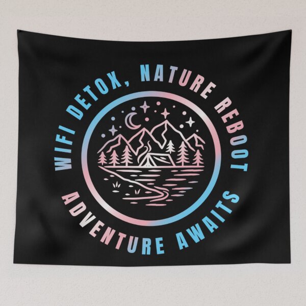 Item preview, Wifi Detox, Nature Reboot, Adventure Awaits, Transexual pride flag graphic, rainbow mountains, river, nature park, stars and crescent moon graphic, mental health matters, outdoors, nature,  designed and sold by PrideBeProud.