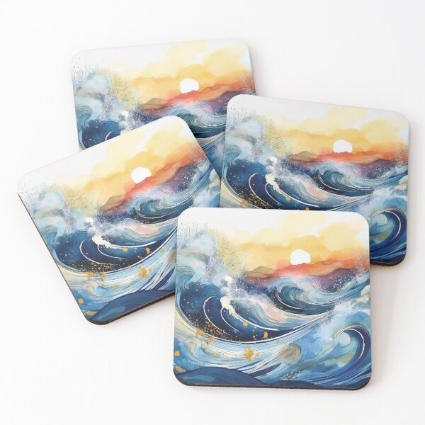 Item preview, Ocean waves at sunset, seascape watercolor painting, wave movement,  watercolor painting, beach,  sunset designed and sold by navitalidesign.