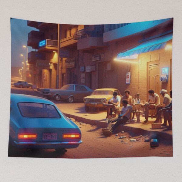 Item preview, Classic 1970s Khartoum – AI Artwork Colorful Streetside Café Scene for City Lovers, Travelers, and Vintage Enthusiasts designed and sold by knalpot-design.