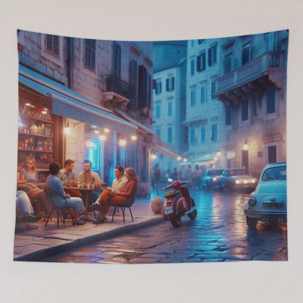 Item preview, Classic 1970s Split – AI Artwork Colorful Roadside Café Scene for City Lovers, Travelers, and Vintage Enthusiasts designed and sold by knalpot-design.
