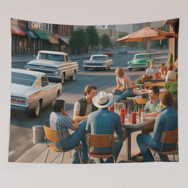Item preview, Classic 1970s Dallas – AI Artwork Colorful Roadside Café Scene for City Lovers, Travelers, and Vintage Enthusiasts designed and sold by knalpot-design.