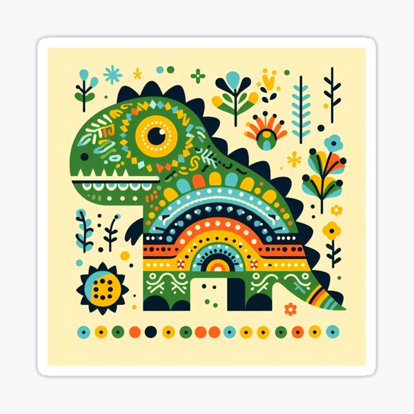 Aperçu de l'œuvre Art populaire scandinave : dinosaure T-Rex mignon et coloré – Design arc-en-ciel par heidiannemorris © créée et vendue par FOLK ART FUSION by heidiannemorris.