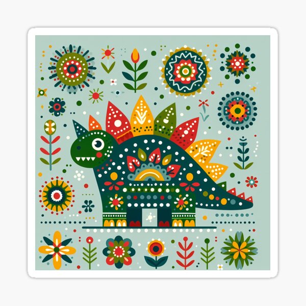 Aperçu de l'œuvre Art populaire scandinave : joli dinosaure stégosaure vert par heidiannemorris © créée et vendue par FOLK ART FUSION by heidiannemorris.