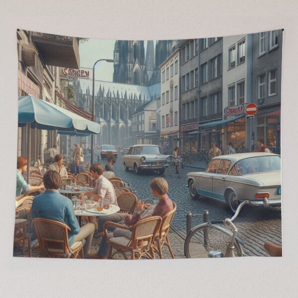 Item preview, Classic 1970s Lübeck – AI Artwork Colorful Streetside Café Scene for City Lovers, Travelers, and Vintage Enthusiasts designed and sold by knalpot-design.