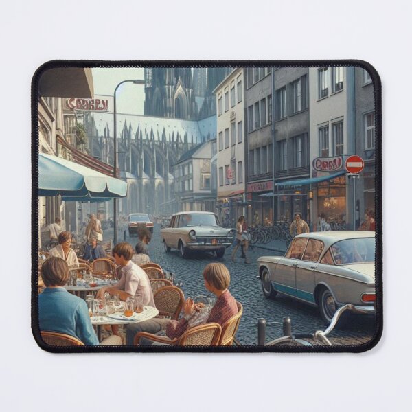 Item preview, Classic 1970s Lübeck – AI Artwork Colorful Streetside Café Scene for City Lovers, Travelers, and Vintage Enthusiasts designed and sold by knalpot-design.