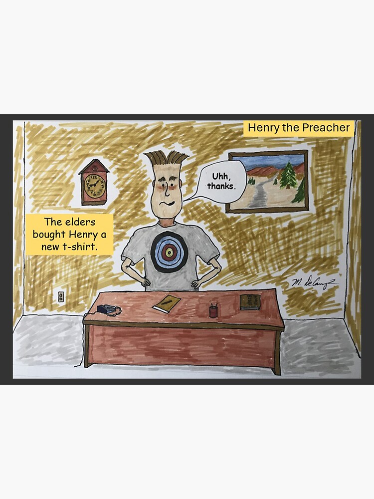 Thumbnail 3 of 3, Sticker, Henry the Preacher with the T-Shirt Bullseye designed and sold by MDeCampArt.