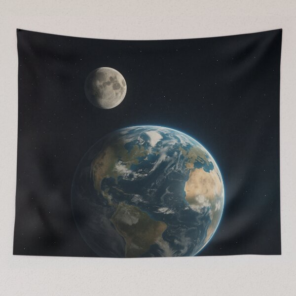 Artikelvorschau, Erde und Mond aus dem Weltraum – Realistische Illustration eines orbitalen Planeten entworfen und verkauft von PrometheusStyle.
