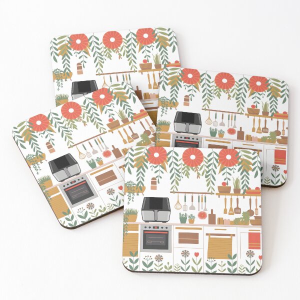 Item preview, Floral kitchen with an air fryer in focus - flat style illustration designed and sold by EmeraldeaArt.