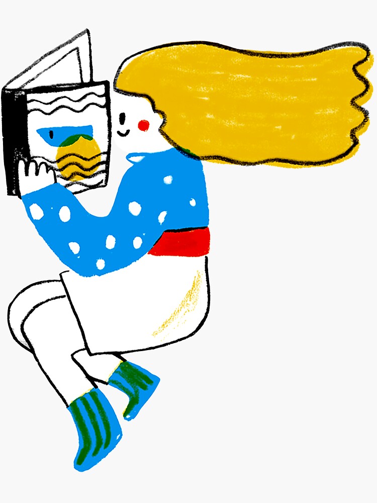 Thumbnail 3 of 3, Sticker, Carried Away by a Book – Whimsical Reader Illustration designed and sold by NoriMori.