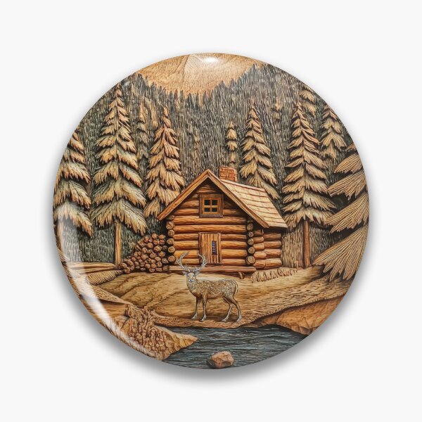 Item preview, Mountain Cabin Retreat – Wilderness Landscape in Woodcut Style designed and sold by MargaretWiktor.