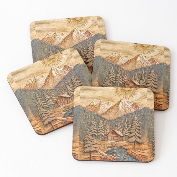 Item preview, Mountain Cabin Retreat – Wilderness Landscape in Woodcut Style designed and sold by MargaretWiktor.