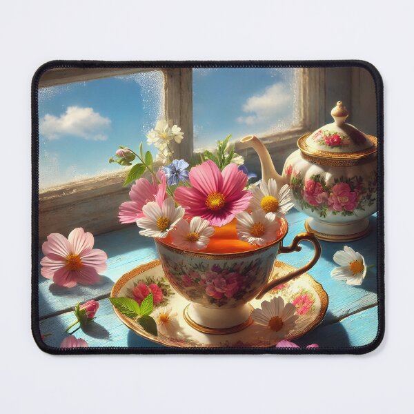Item preview, Vintage floral cup of tea in front of a window designed and sold by EmeraldeaArt.