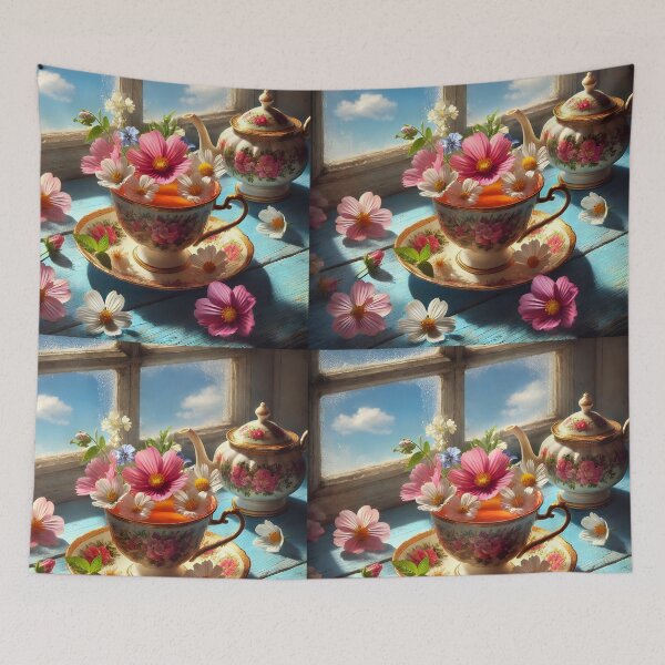 Item preview, Vintage floral cup of tea in front of a window designed and sold by EmeraldeaArt.