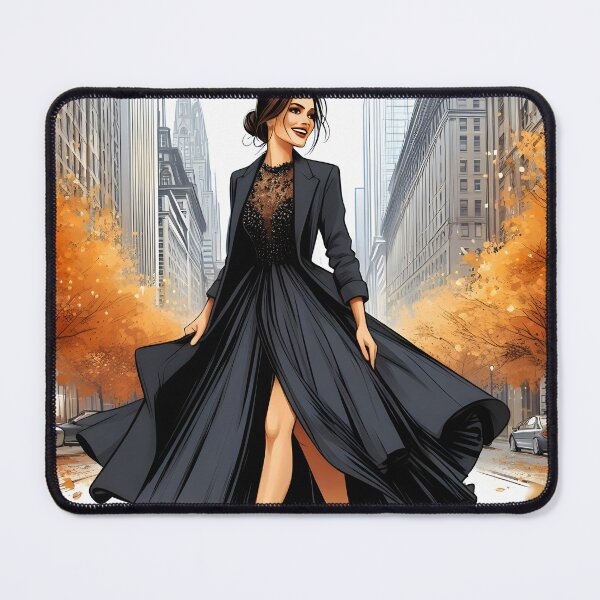 Item preview, Elegant woman wearing black maxi dress lineart illustration as she is walking in a fall big city street designed and sold by EmeraldeaArt.