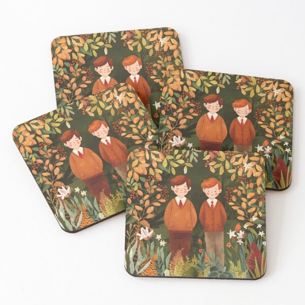 Item preview, Two boys wearing school uniform among fall autumnal botanicals illustration designed and sold by EmeraldeaArt.