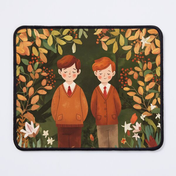 Item preview, Two boys wearing school uniform among fall autumnal botanicals illustration designed and sold by EmeraldeaArt.