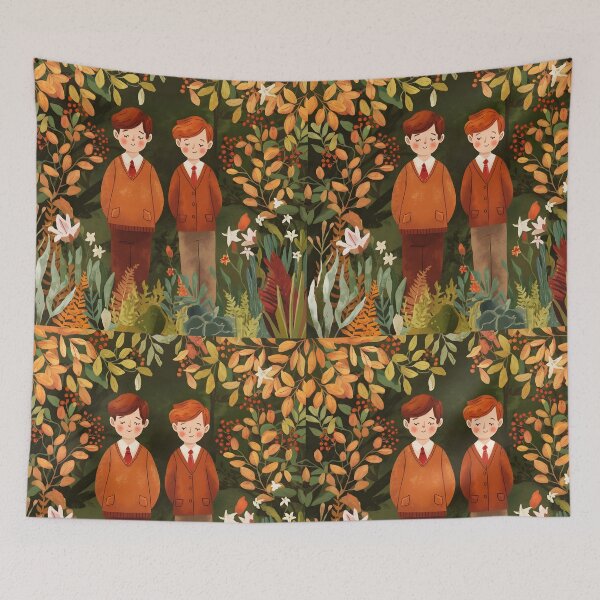 Item preview, Two boys wearing school uniform among fall autumnal botanicals illustration designed and sold by EmeraldeaArt.