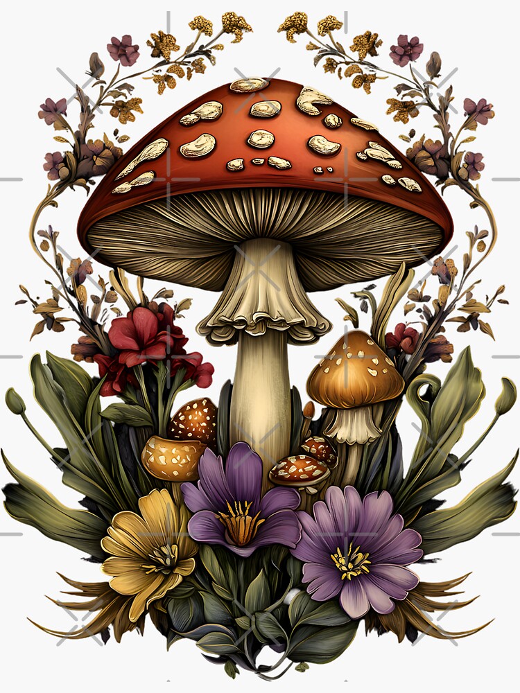 Thumbnail 3 of 3, Sticker, Amanita Mushroom with Flowers designed and sold by EclecticMonkey.