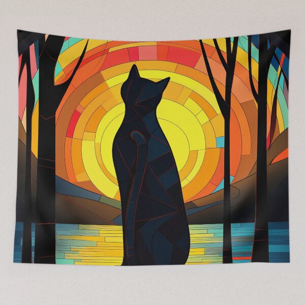 Item preview, Black Cat and Sunset Stained Glass designed and sold by Pixelchicken.