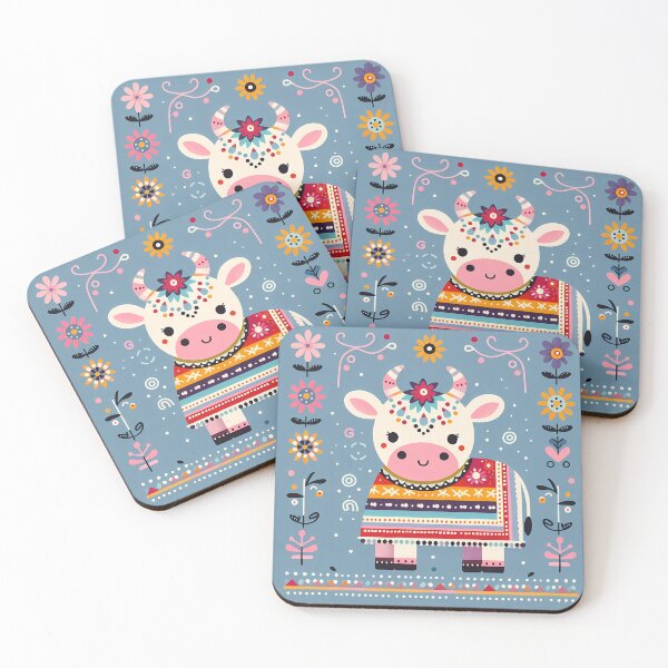 Item preview, Scandinavian Folk Art Cute Cow wearing a Colourful Blanket - Folk Art Design by heidiannemorris © designed and sold by FOLK ART FUSION by heidiannemorris.