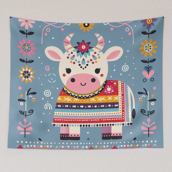 Item preview, Scandinavian Folk Art Cute Cow wearing a Colourful Blanket - Folk Art Design by heidiannemorris © designed and sold by FOLK ART FUSION by heidiannemorris.
