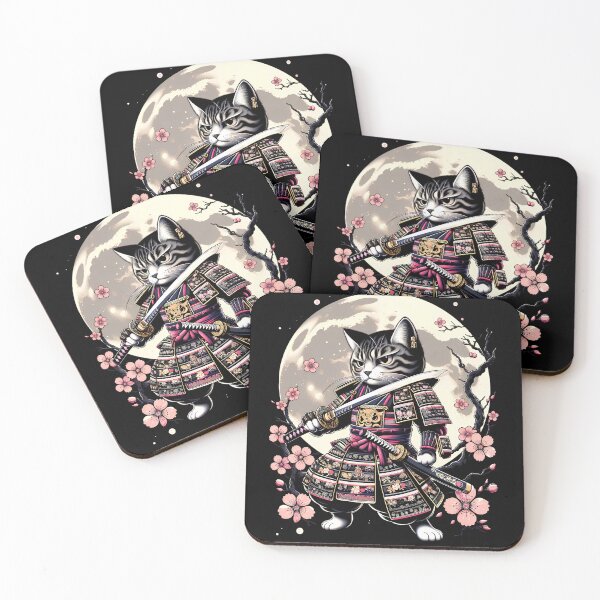 Item preview, Japanese Samurai Cat Kawaii Ninja Cat Cherry Blossom designed and sold by Kimberley King Art  King Art.