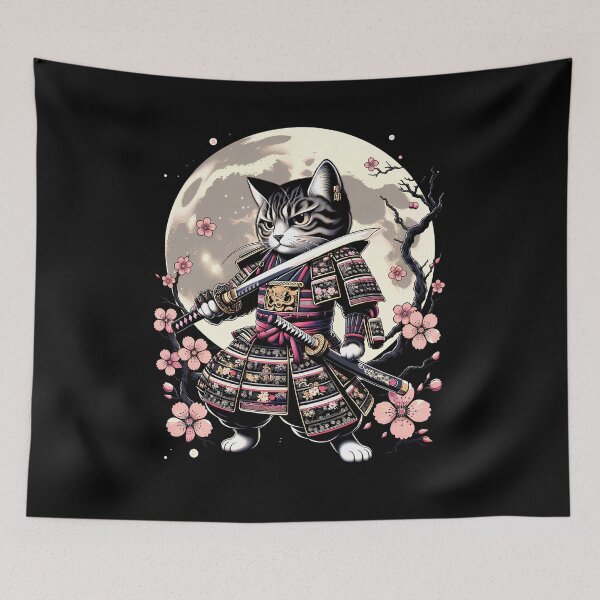 Item preview, Japanese Samurai Cat Kawaii Ninja Cat Cherry Blossom designed and sold by Kimberley King Art  King Art.