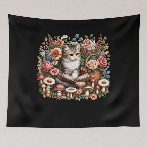 Item preview, Cat Reading Book Reader Book Lover Aesthetic Floral Mushroom designed and sold by Kimberley King Art  King Art.
