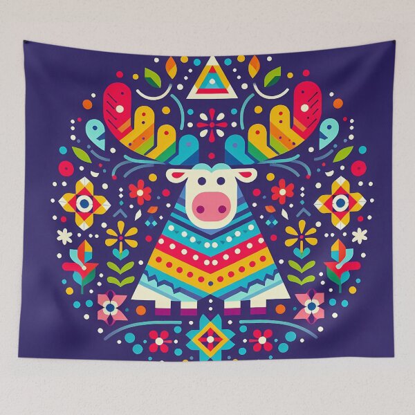 Item preview, Scandinavian Folk Art Cute Rainbow Moose with Colourful Antlers by heidiannemorris © designed and sold by FOLK ART FUSION by heidiannemorris.