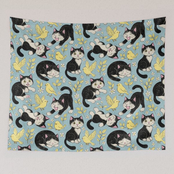 Item preview, Cats and Canaries in Chalk Pastel on Soft Baby Blue  designed and sold by micklyn.