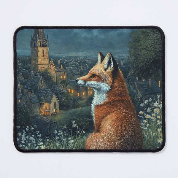 Item preview, Spring Red Fox at Night Sat on a Bed of Spring Flowers Looking down to an English Rural Village designed and sold by thewandswant.