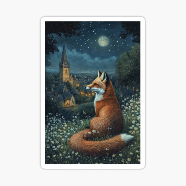 Item preview, Spring Red Fox at Night Sat on a Bed of Spring Flowers Looking down to an English Rural Village designed and sold by thewandswant.