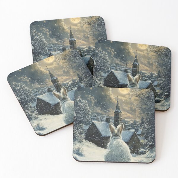 Item preview, White Hare in the Snow at Night Looking down to an English Village Winter Time designed and sold by thewandswant.