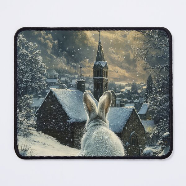 Item preview, White Hare in the Snow at Night Looking down to an English Village Winter Time designed and sold by thewandswant.